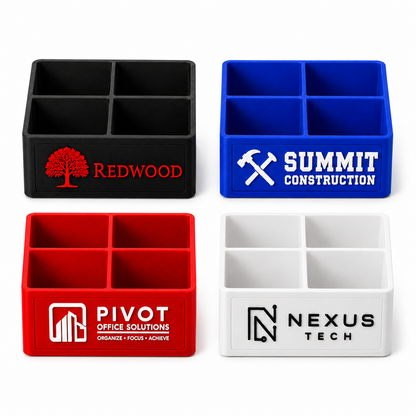 Small 4-slot desk organizer trays in black, blue, red, and white with custom logo examples
