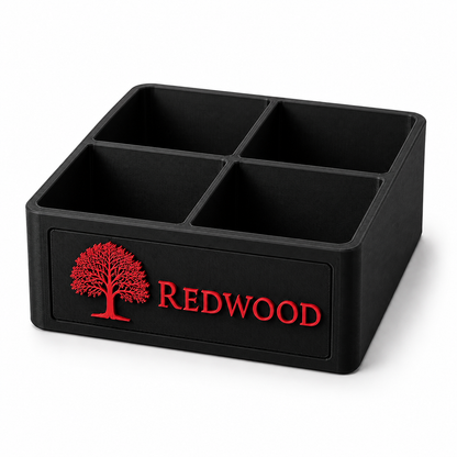 Black small 4-slot desk organizer tray with red REDWOOD custom logo insert