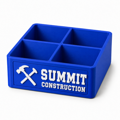 Blue small 4-slot desk organizer tray with white SUMMIT Construction custom logo insert
