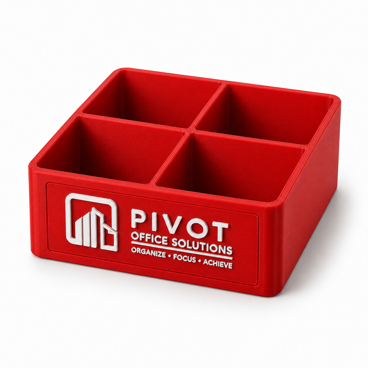 Red small 4-slot desk organizer tray with white PIVOT custom logo insert