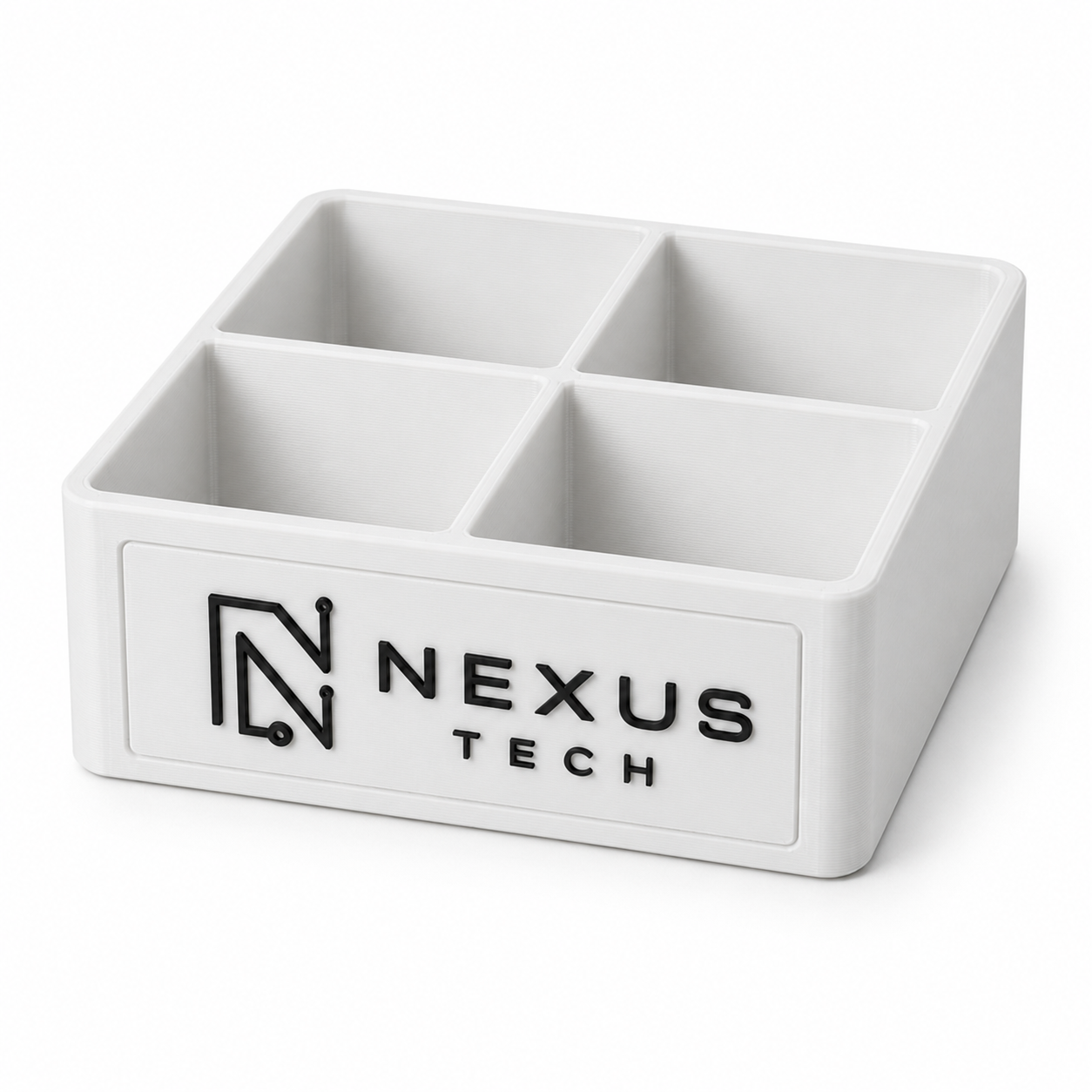 White small 4-slot desk organizer tray with black NEXUS TECH custom logo insert