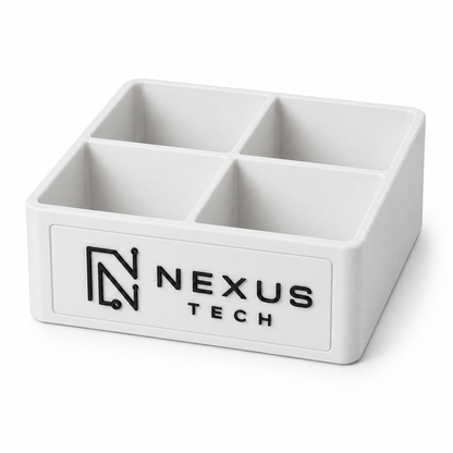 White small 4-slot desk organizer tray with black NEXUS TECH custom logo insert