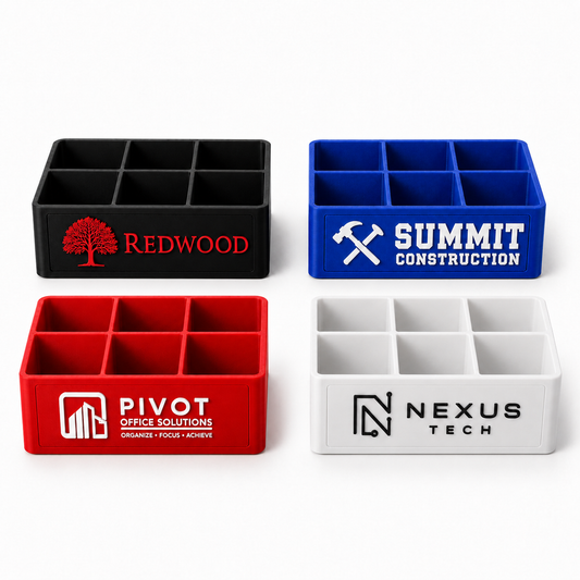 Medium 6-slot desk organizer trays in black, blue, red, and white with custom logo examples