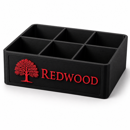 Black medium 6-slot desk organizer tray with red REDWOOD custom logo insert