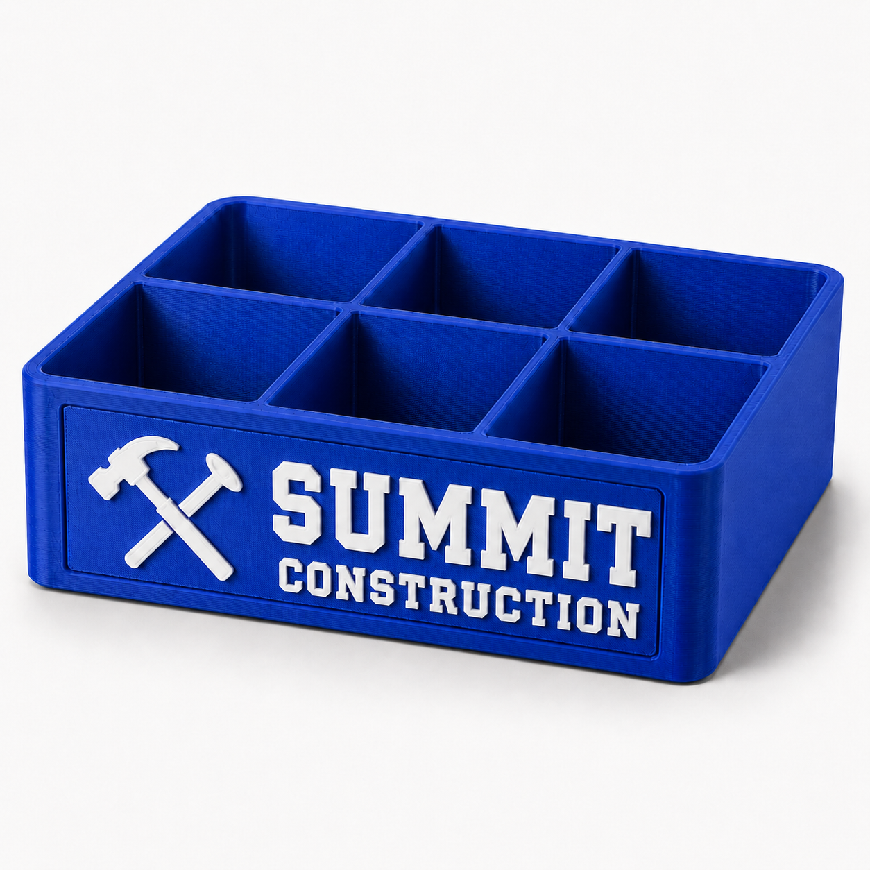 Blue medium 6-slot desk organizer tray with white SUMMIT Construction custom logo insert