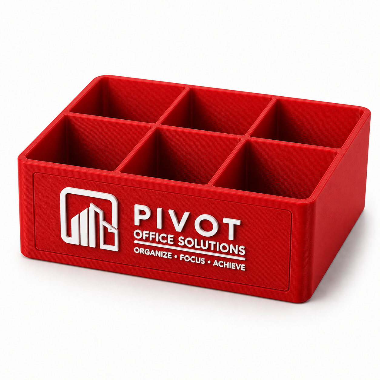 Red medium 6-slot desk organizer tray with white PIVOT custom logo insert