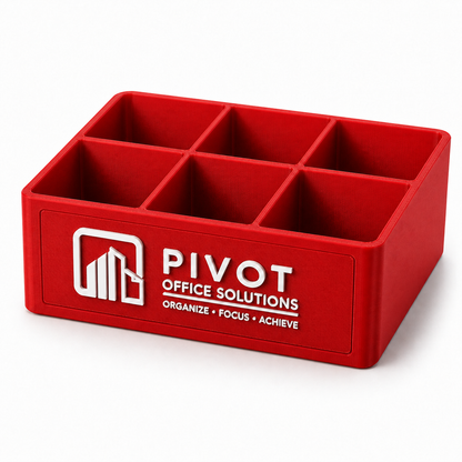 Red medium 6-slot desk organizer tray with white PIVOT custom logo insert