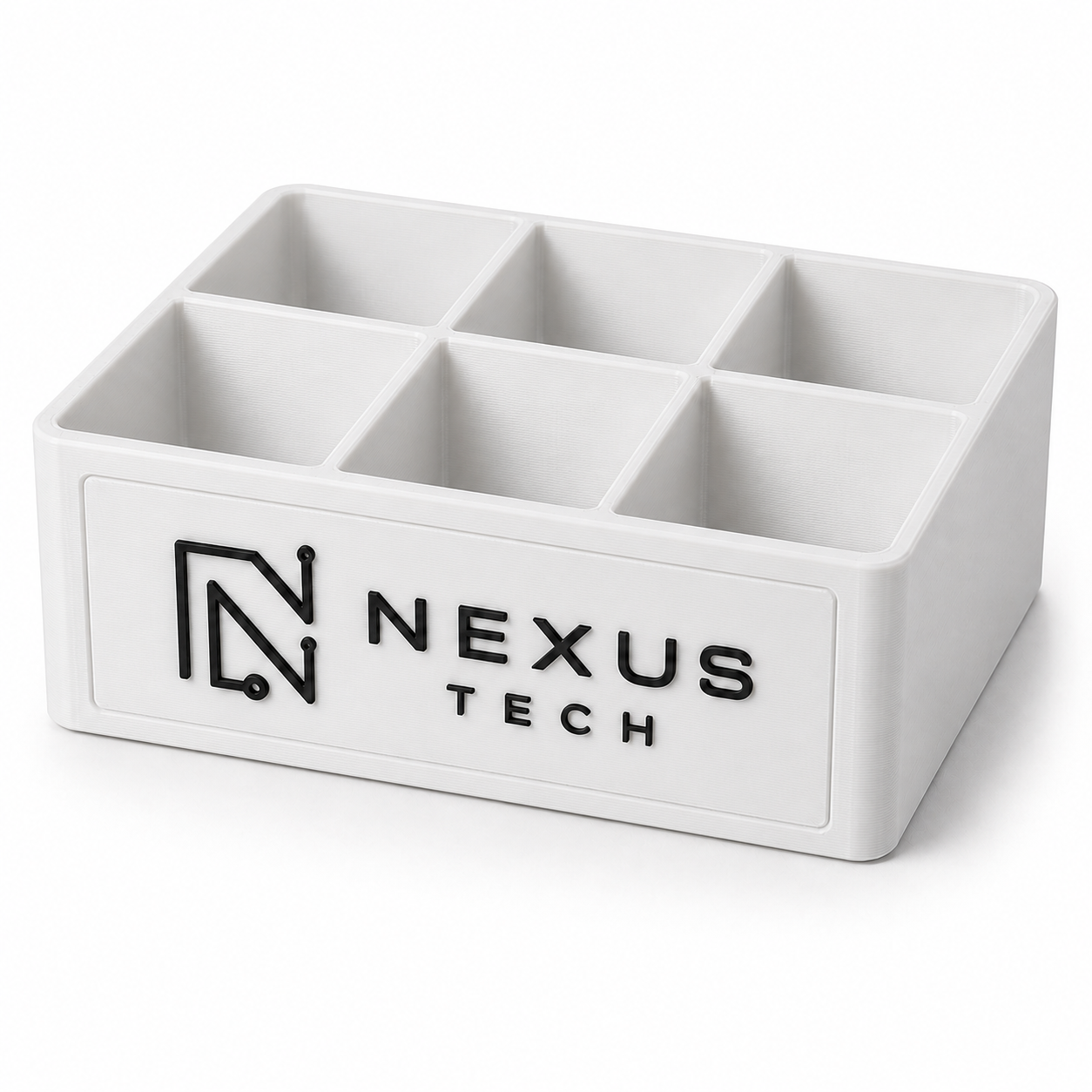 White medium 6-slot desk organizer tray with black NEXUS TECH custom logo insert