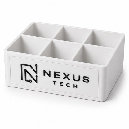 White medium 6-slot desk organizer tray with black NEXUS TECH custom logo insert